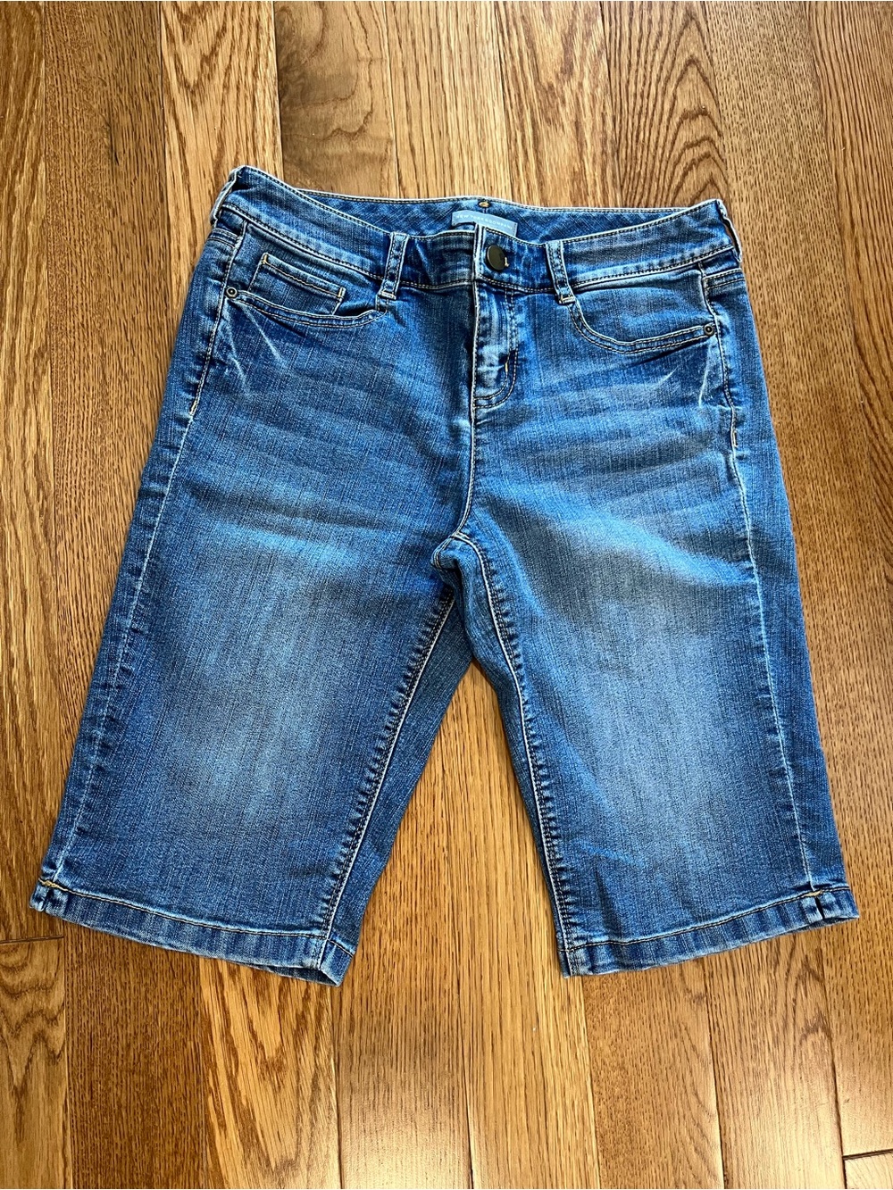 New York & Company Blue Denim Shorts with Yellow Stitching